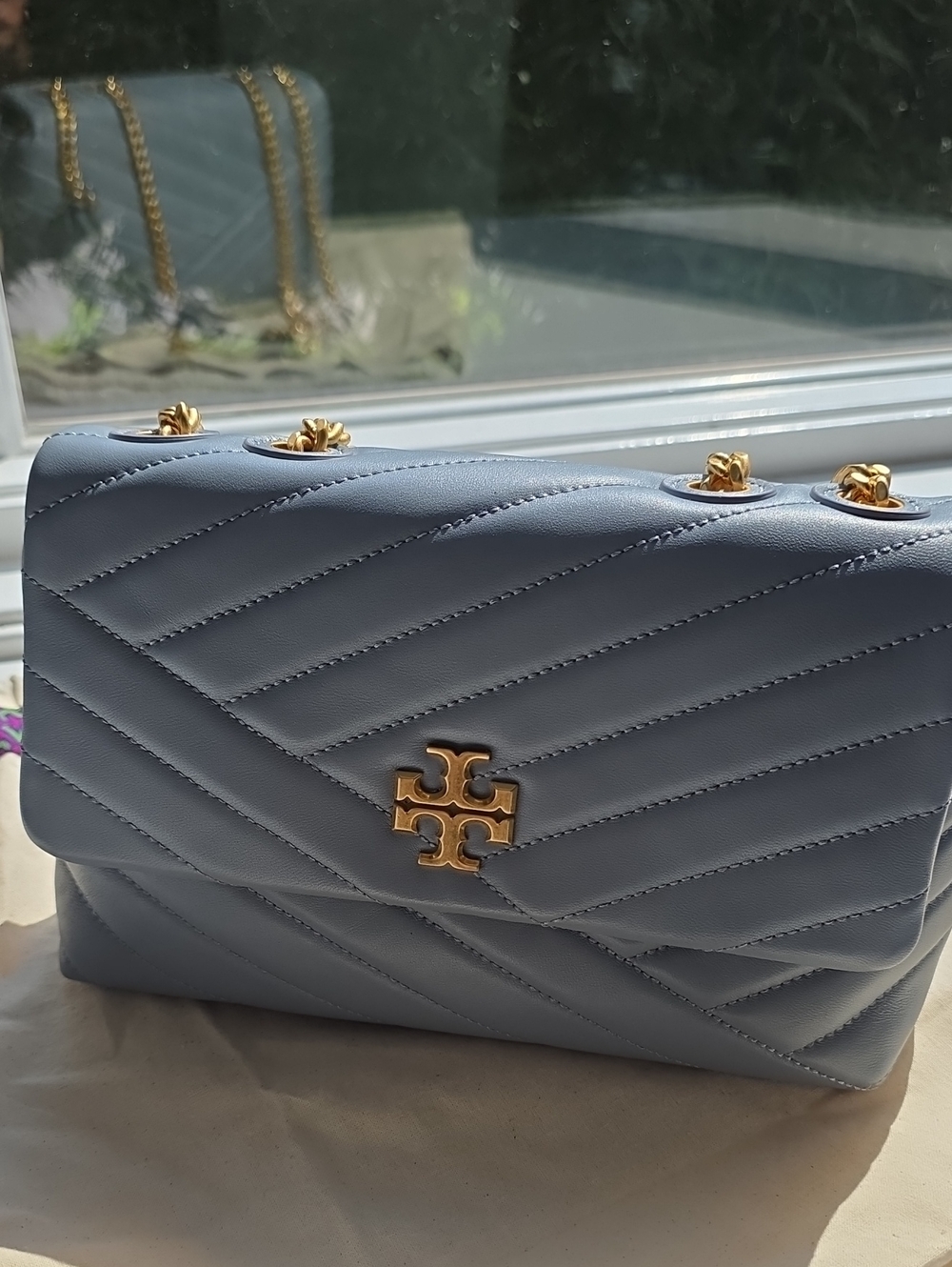 Tory Burch Kira Quilted Chain Shoulder Bag in Cloud Blue & Gold Hardware